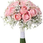 Ewer Wedding Bouquet, Romantic Wedding Bride Holding Bouquet, Silk Roses Gypsophila Bridesmaid Bouquet Bridal Bouquet, Artificial Flowers for Wedding, Party and Church, Pink Ivory