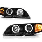 VIPMOTOZ For 2002-2005 BMW E46 Sedan 325i 330i Off-Road Smoke Lens LED Halo Headlights Headlamps, Driver and Passenger Side